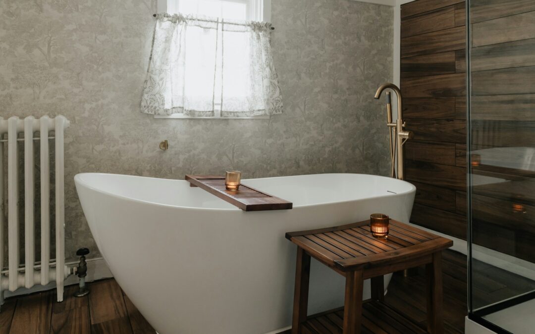 A bathtub with a wooden table